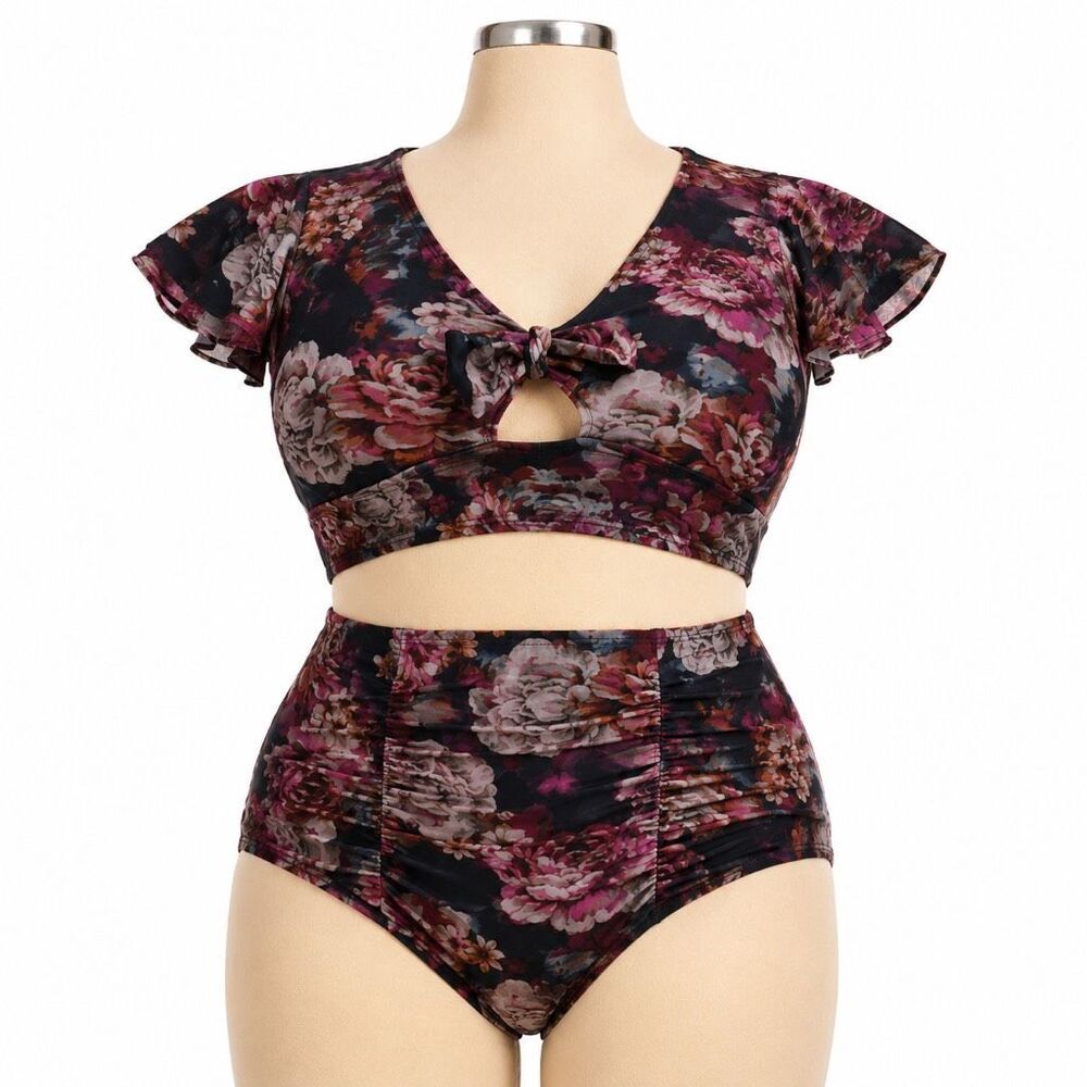 Torrid Torn Rose Floral Wireless Flutter High Waist Retro Bikini Swim Women 3X